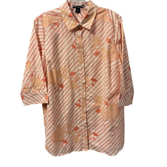 Roamans Sz 14W Button-Down Shirt 3/4 Sleeve Floral/Stripe Pattern Peach & White - Picture 1 of 12